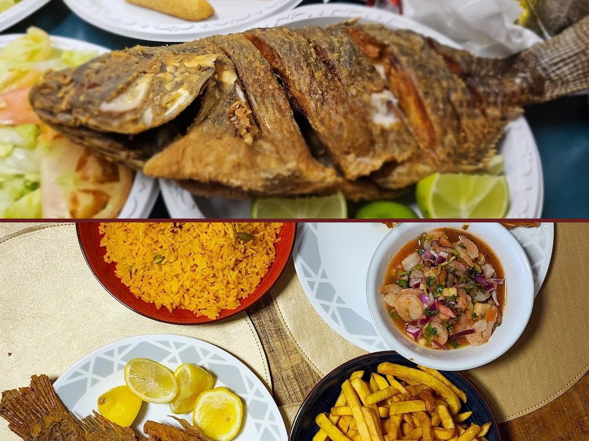 Fresh fish with rice and fried sides.