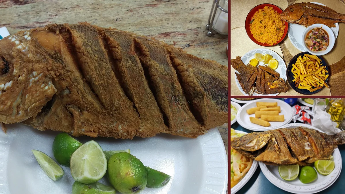 Fresh fish with rice and fried sides.