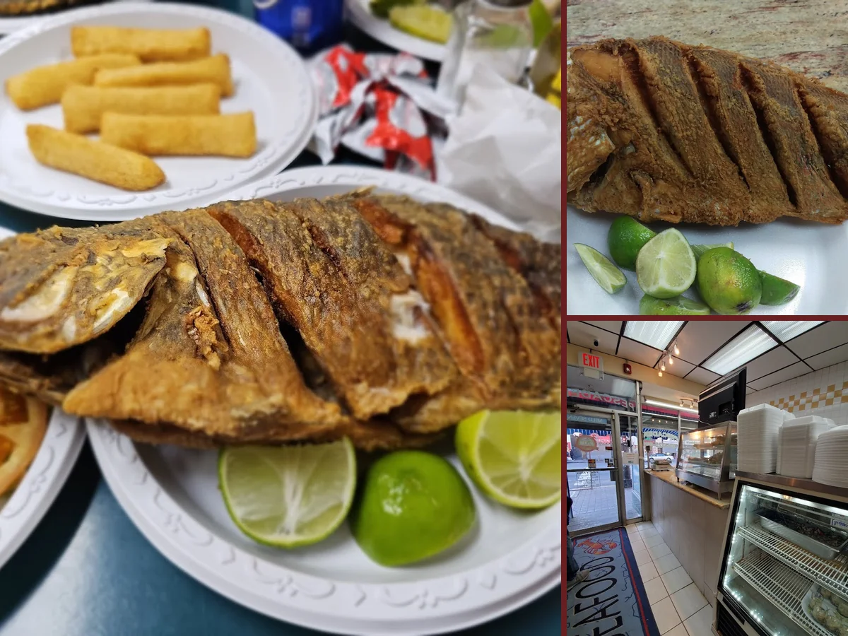 Fresh fish with rice and fried sides.